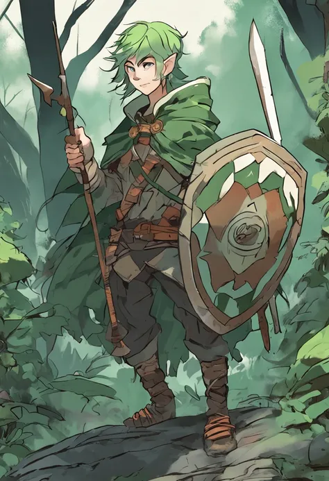 in Japanese anime style, imagine an adult forest elf man with short, green hair holding a shield and a spear in each hand.