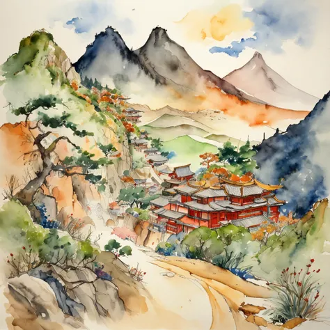 Watercolor Paint and Ink Drawing of Japanese Samurai Dragon, Watercolor Painting of a Mountain and a Village in the Desert by James Jean, John William Waterhouse, Gustav Klimt, Frank Lloyd Wright.  --w 4096 --h 2160