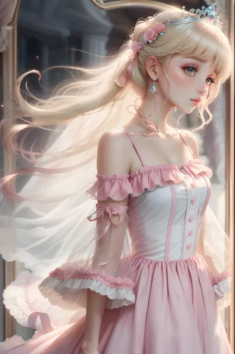 Princess　A Princess　Soft　Best quality in good style(Highest Quality) , High quality(hiquality)　Pink and fluffy dress blonde and soft hair　corolla　Half-up The whole body is reflected A wonderful atmosphere with very delicate tones