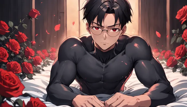 muscular body.black hair. slick back hair.,short hair,undercut,black turtle neck.a pair of black glasses.brown eyes.loks like in mid 25..small facial hair.1 man.sleeping,laying on the roses.red roses around him.cool lightning