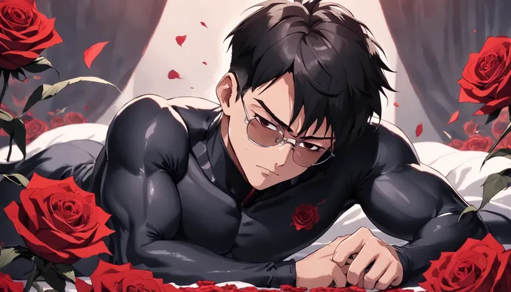 muscular body.black hair. slick back hair.,short hair,undercut,black turtle neck.a pair of black glasses.brown eyes.loks like in mid 25..small facial hair.1 man.sleeping,laying on the roses.red roses around him.cool lightning