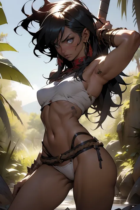 ((Simon Bisley)), Hermosa mujer con cuerpo, 30 yrs old, cuerpo musculoso y perfecto, Scantily clad barbarian warrior, Small thong, pechos grandes, sin sosten, sosteniendo una espada manchada de sangre, cara valiente, reino oscuro, pose sexy, caminando entr...