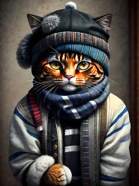 photo of a cat wearing a hat and scarf, trendy Art Station, dressed in punk clothes, hyper realistic detailed rendering, British gang member, urban style, intimidating pose, planet of cats, trendy clothes, urban samurai, meow, West Slavic traits, 8 1 5