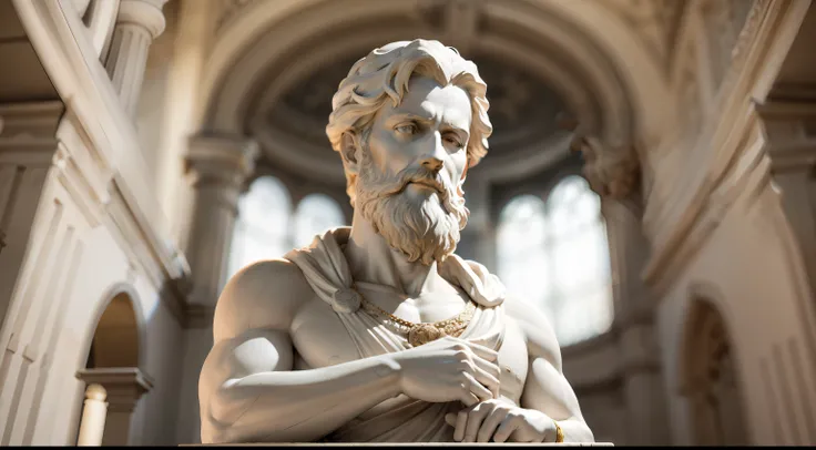 a white marble statue of a man with a beard, philosopher, estoicismo, theophanes, inspired by Theophanes, o grego, by Theophanes, o grego, atitude estoica, divina e estoica, portrait of aristotle, philosophical, filosopia, an ancient greek statue, pose est...