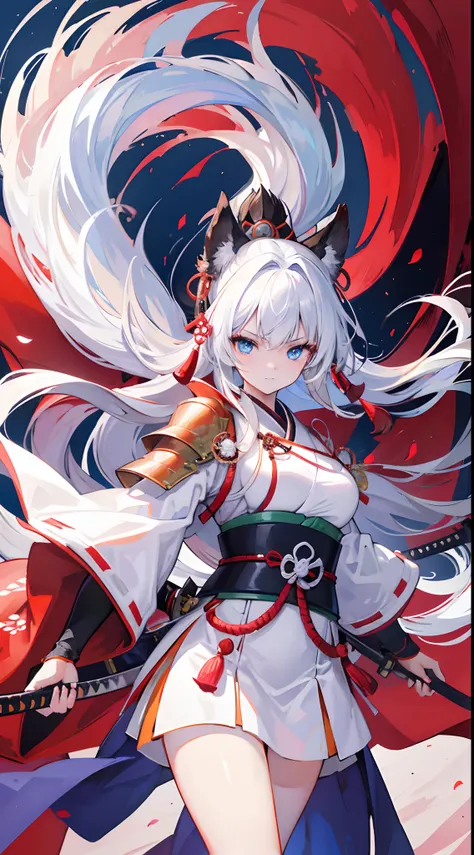 High quality, masterpiece, ultra-detailed, white kitsune samurai, long hair, enchanting blue eyes, holding one katana, japanese style armor, fiery background