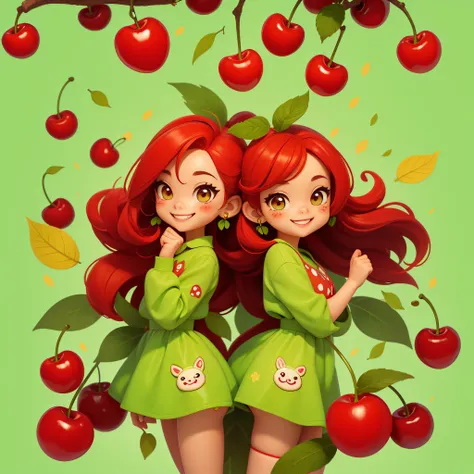 A smiling cherry with cute leaves and a friendly expression sticker :: Fruity and lovable :: Red and green colors with cute expressions :: 2D sticker