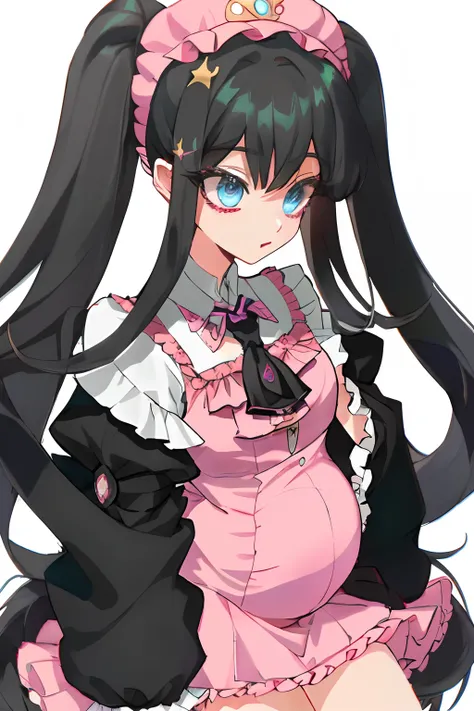 1girl,looking at viewer,twintails,long hair, black hair, pink|black eyes,white shirt,Serafall is a beautiful girl; Looking in his late teens with black hair, tied in twin tails and blue eyes She also has a childish body (embora com seios grandes). Your bod...