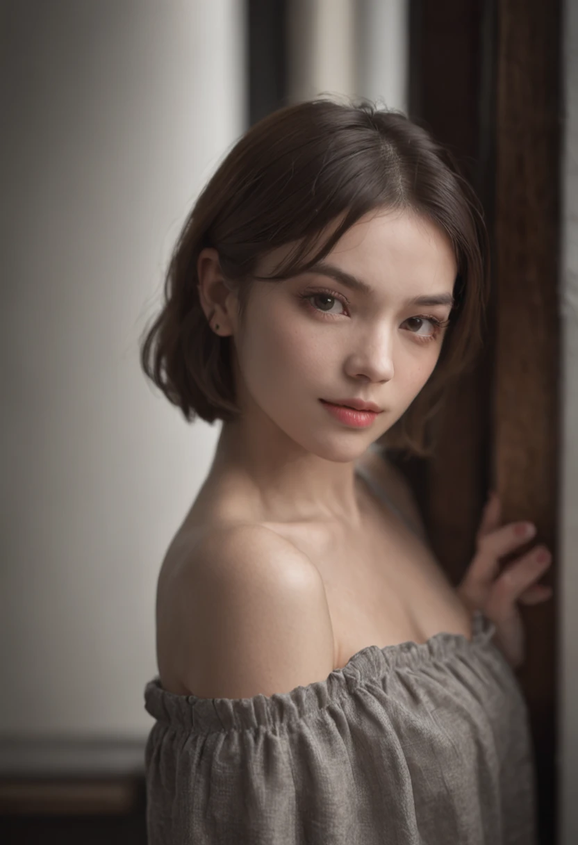 Best quality, masterpiece, ultra high res, (photorealistic:1.5), raw photo, 1girl, offshoulder, in the dark, deep shadow, low key, cold light, sexy look, short hair