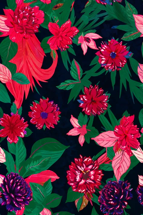 Beautiful repeating floral pattern in jewel tones, 3D effect