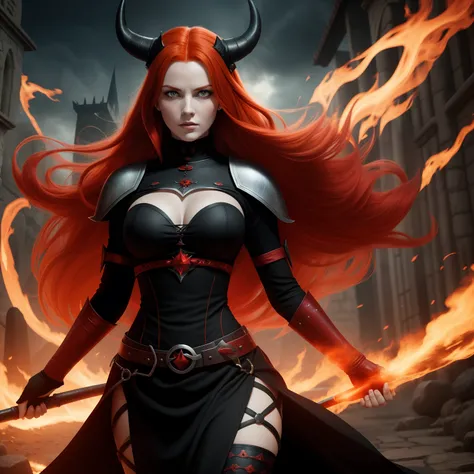 Woman with red hair, black horns, orange eyes, powers around, medieval