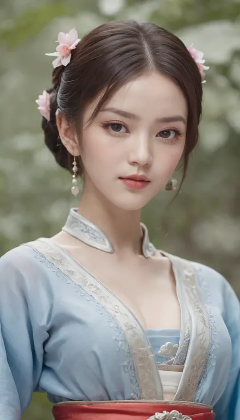 1 beautiful and cute reality show girl, Gentle young girl, Waist length hair, cabelos preto e longos，Slightly blue, Light blue eyes, wearing a long, Thin, a blue dress，Hanfu style, ((a blue dress，White lace border covers the girls:0.8)), Style Hanfu, Weari...