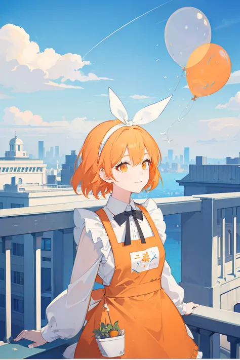 masterpiece, best quality, 1girl, solo, orange hair, short hair, shoulder-length hair, straight hair, orange eyes, round eyes,, (((orange apron dress))), ((long sleeves)), knee-length dress, frills, (((white ribbon hair band))), On the roof of a building, ...