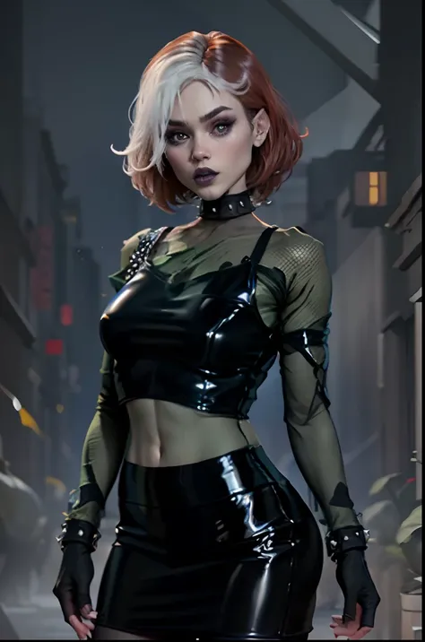 evolutionrogue, short hair, skirt, shirt, gloves, pantyhose, multicolored hair, choker, black gloves, miniskirt, black skirt, collar, two-tone hair, see-through, makeup, lipstick, spikes, pencil skirt, spiked collar, black lips, dyed bangs, studded collar ...