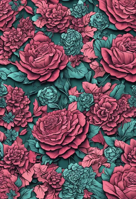 Beautiful repeating floral pattern in jewel tones, 3D effect, hyper realistic , pintrest, hex code colors 5ABCB9, 63E2C6, FB6376, 613F75, 0C6291 only