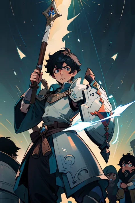 "creates an original character inspired by Naofumi Iwatani from The Rising of the Shield Hero. Extremely detailed 8k and ultra HD quality anime masterpiece. Male character, Mexican, Genshin Impact style, black hair. Holds a medieval mace in his right hand ...