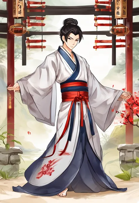 China-style。Martial arts boy，male people，Handsome face，Eyebrows are like swords，A pair of bright eyes reveal firm determination and endless wisdom。Short black hair flutters in the breeze，Pitch-black warrior costume，Fits snugly into shape，The robe is embroi...