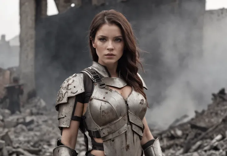 dystopian warrior, apocalyptic, female, stands amidst ruins, armor battered, scars, intricate, background. Shades of grey, muted earth tones, Cinematic photograph, smoke, debris, fire