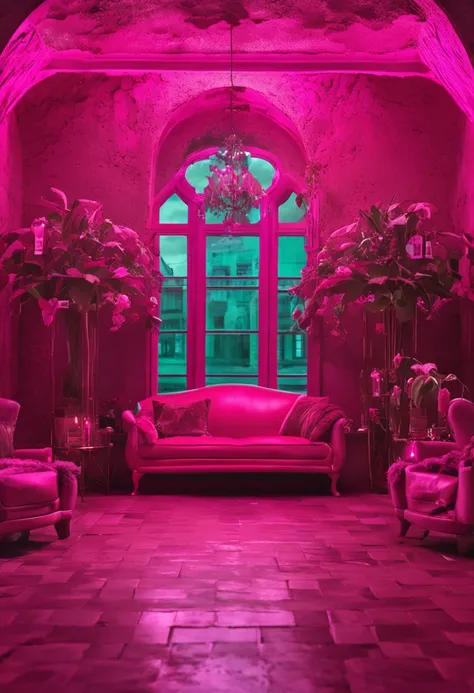 Beautiful fuchsia red，emeralds，in pink，Fashionab，A beautiful living room，femele，Ambient