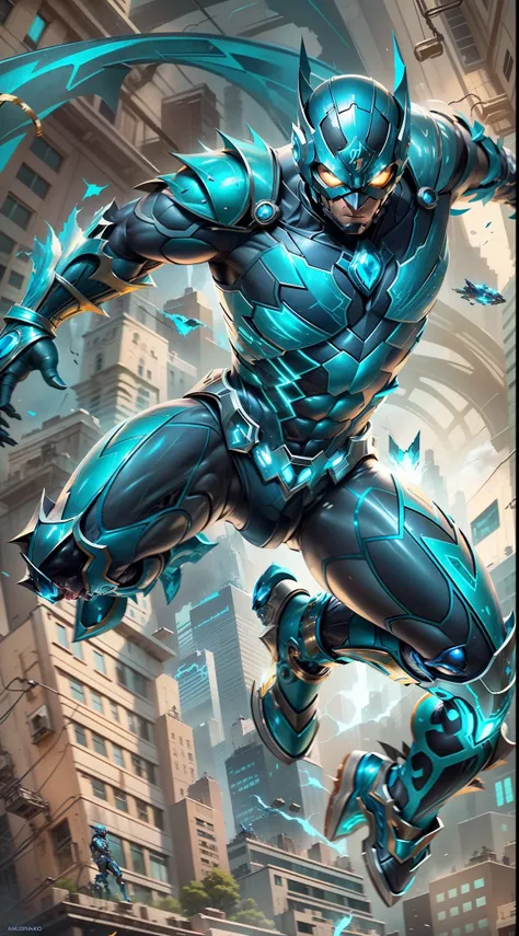 A imagem apresenta o "Besouro Azul", an iconic DC Comics character. The hero is depicted in an action pose, highlighting his characteristic armor and determined posture.

Wearing a bright blue metallic armor, the Blue Beetle displays technological and futu...