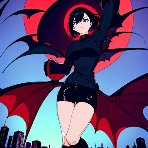 1girl, short black hair, vampire, gothic, showing teeth, blue eyes, wearing a plain black shirt, leather shorts, spooky, blood moon, night, city, absurd res, high res, ultrasharp, 8K, masterpiece, looking at viewer