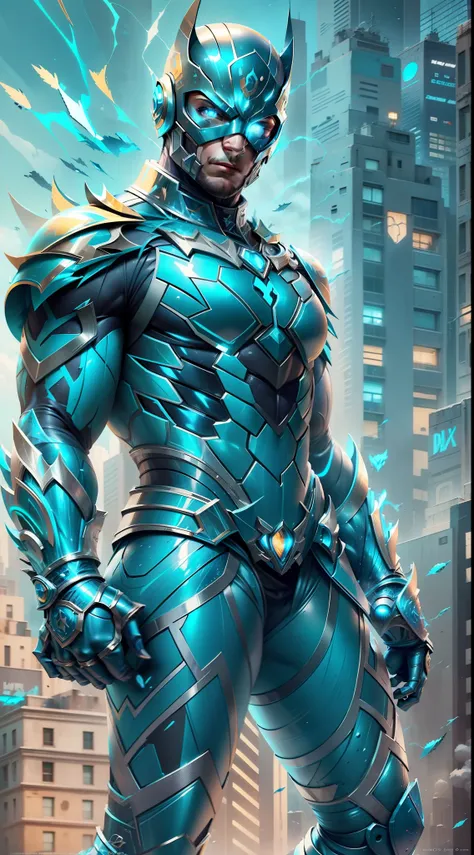 A imagem apresenta o "besouro azul", an iconic DC Comics character. The hero is depicted in an action pose, highlighting his characteristic armor and determined posture.

Wearing a bright blue metallic armor, the Blue Beetle displays technological and futu...