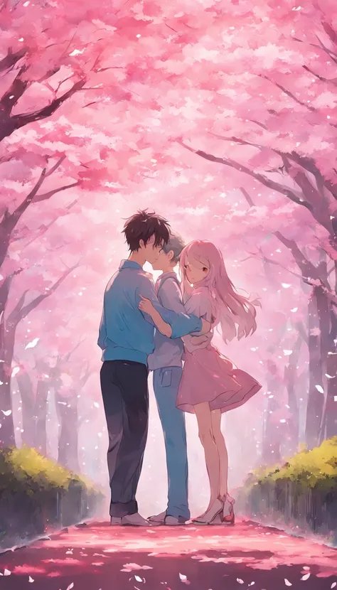 Couples embrace，The upper part of the body，A boy with，one-girl，Under the cherry blossom trees，Fluttering cherry blossoms，low-saturation，pale-blue( reasonable design, Clear lines, High sharpness,Best quality, Very detailed, Masterpiece, movie light effect, ...