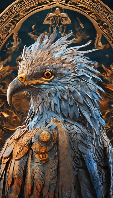 （masterpiece）, best quality, ultra-detailed, realistic portrait, Ziz from Jewish Mythology, mythical creature, majestic feathers, powerful presence, vibrant colors, divine light illuminating the scene, intricate details in the wings and beak, ethereal atmo...