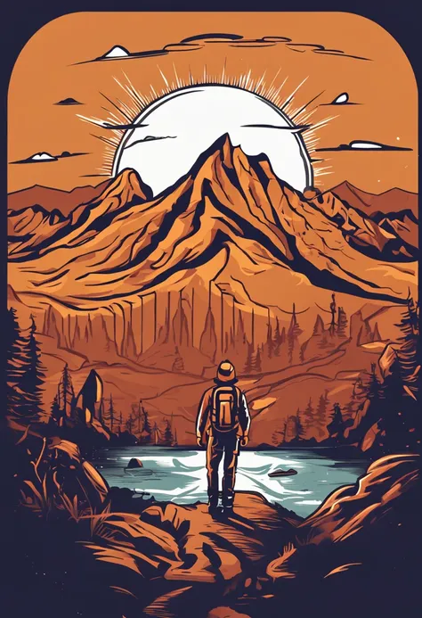 print ready vector t-shirt design, adventure scene with explorer, tend and torch, with beautiful nocturnal sun and mountain in the background, clean white background, professional vector, full shot, 8K resolution, deep impressionillustration