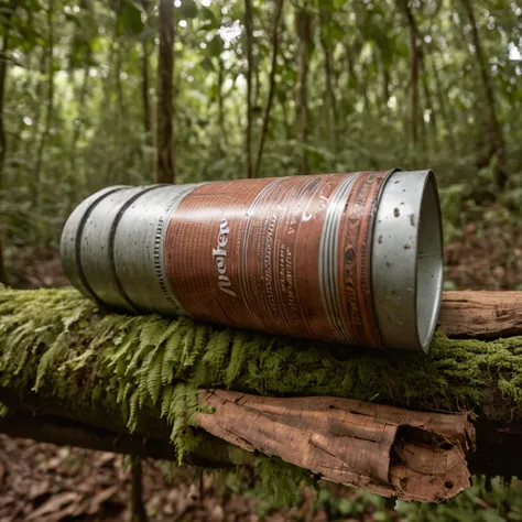 A giant soda can on top of a log in the undergrowth in the middle of the Amazon rainforest + imagem limpa + studiolight + Front view + foto tirada por Canon EOS 5D Mark IV + fotografia de estilo de produto + Commercial advertisement + Realistic photo, 8k -...