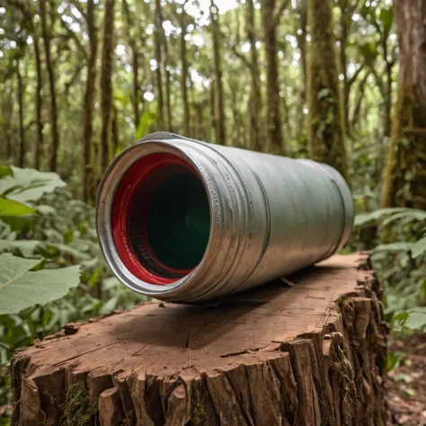 A giant soda can on top of a log in the undergrowth in the middle of the Amazon rainforest + imagem limpa + studiolight + Front view + foto tirada por Canon EOS 5D Mark IV + fotografia de estilo de produto + Commercial advertisement + Realistic photo, 8k -...