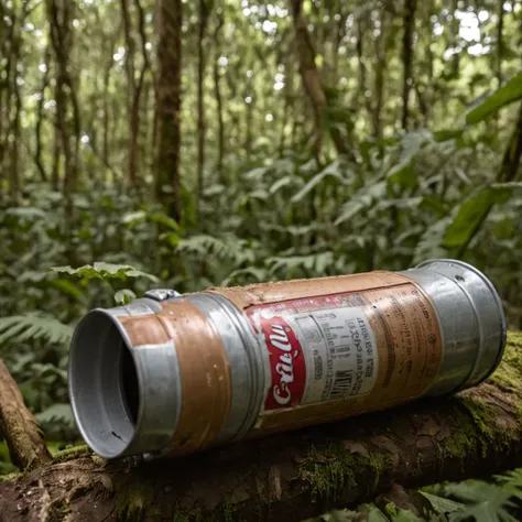 A giant soda can on top of a log in the undergrowth in the middle of the Amazon rainforest + imagem limpa + studiolight + Front view + foto tirada por Canon EOS 5D Mark IV + fotografia de estilo de produto + Commercial advertisement + Realistic photo, 8k -...