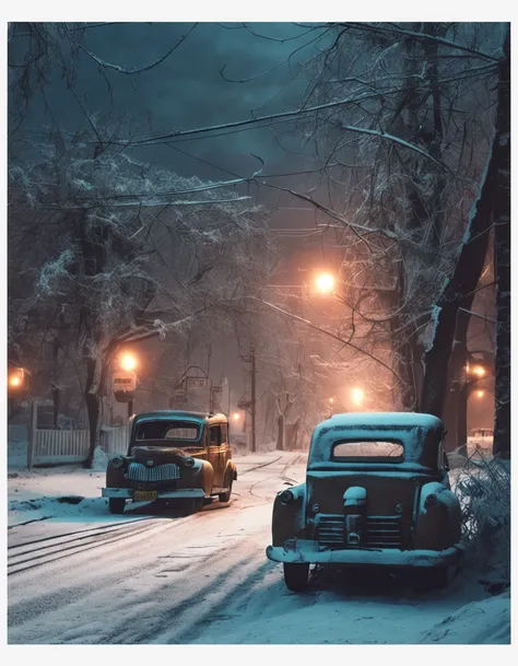 avenue with trees and buildings, siberian city, abandoned in 1950, five long-abandoned cars, moonlight, night shot in winter season, masterpiece, haunting atmosphere, wide shot, sharp focus, low lighting, high details, 4k, photo, digital art, fantasy style...