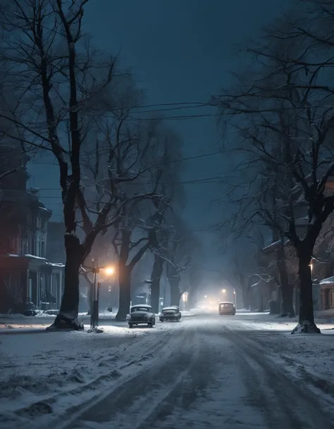 avenue with trees and buildings, siberian city, abandoned in 1950, five long-abandoned cars, moonlight, night shot in winter season, masterpiece, haunting atmosphere, wide shot, sharp focus, low lighting, high details, 4k, photo, digital art, fantasy style...