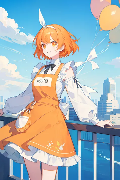 masterpiece, best quality, 1girl, solo, orange hair, short hair, shoulder-length hair, straight hair, orange eyes, round eyes,, (((orange apron dress))), ((long sleeves)), knee-length dress, frills, (((white ribbon hair band))), On the roof of a building, ...