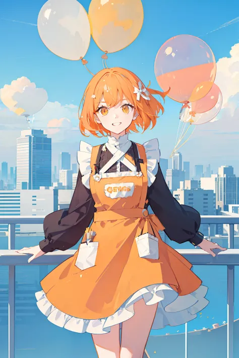 masterpiece, best quality, 1girl, solo, orange hair, short hair, shoulder-length hair, straight hair, orange eyes, round eyes,, (((orange apron dress))), ((long sleeves)), knee-length dress, frills, (((white ribbon hair band))), On the roof of a building, ...