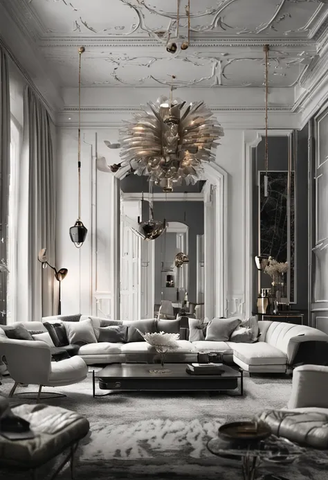 white colors，greys，black in color，A beautiful living room，Fashionab，Simple，metals