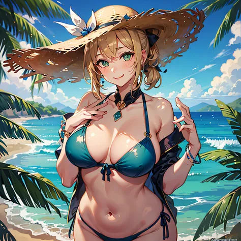 1girl, solo, beach, in water, standing, sticking hips out, curvy hips, plump ass, thick things, two piece bikini, boob window, sunset, blonde short hair, ponytail, medium sized breast, slightly exposed breast, warm smile, emerald green eyes, long eye lashe...