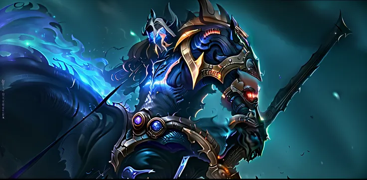 um close up de uma pessoa em um cavalo com uma espada, heroes of the storm splash art, warwick santo, arte splash, splash art of...