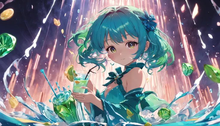 A kawaii girl is pouring a cocktail with a flourish, petals of blue and green cascading around her as she creates a dazzling display.