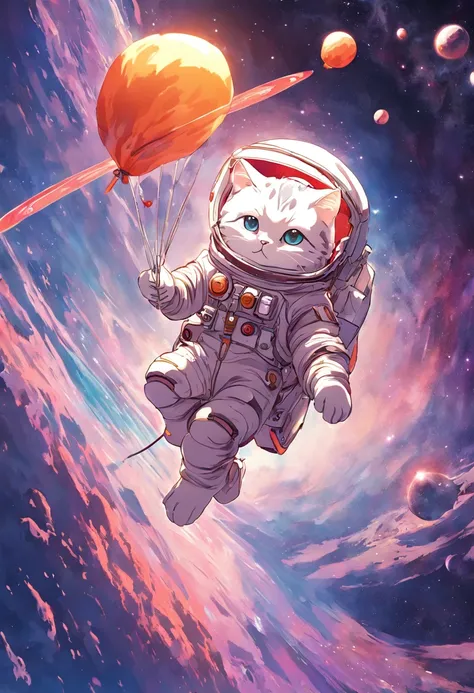 hyper detailed cat astronaut holding a balloon, flying through outter space with planets in the back ground happy, joyful, floating in outer space, 3d, 8k, pop art effect, brilliant detail, sticker, 3d print, t shirt design