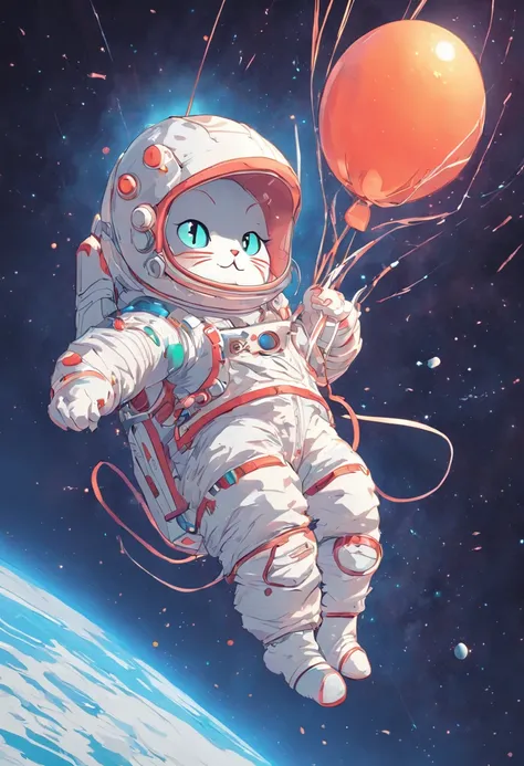 hyper detailed cat astronaut holding a balloon, flying through outter space with planets in the back ground happy, joyful, floating in outer space, 3d, 8k, pop art effect, brilliant detail, sticker, 3d print, t shirt design