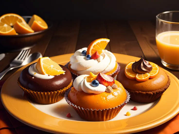 A vibrant, colorful still-life of a variety of orange-based desserts, arranged in a decorative pattern.