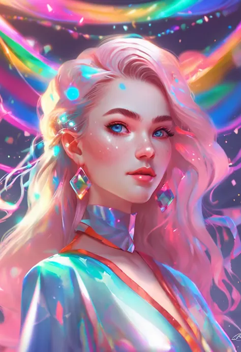 ((ultra detailed)),((Bright eyes)), (Detailed eyes) , 8k, blink blink, (The Little Faux Freckles Makeupgirl), ((realistic skin)), ((focus detailed 2 straps on the shoulders of dress)) , ((shiny facial skin)), with colorful hair and a colorful dress, rossdr...