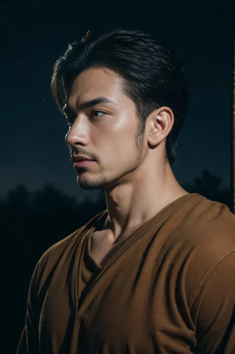 (8K, RAW photo, Highest quality),Realistic,1 MAN,frontage，Intricate details,Closed mouth,Muscular male,Manly,looks away,Male focus,Solo,medieval times,Night sky,Soft lighting,Cinematic lighting,Portrait,Close-up,