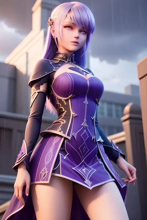 20 year old girl, amazing dress, purple hair, blonde, beautiful face, rain, roof, masterpiece, intricate details, perfect anatomy