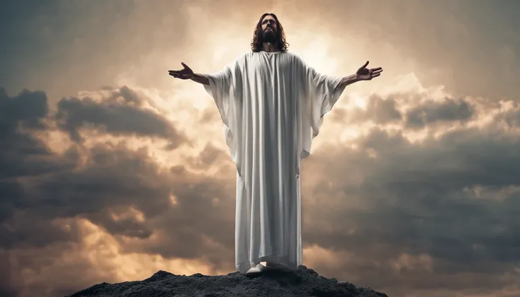 Jesus Christ, realistic photography, dressed, man, suffering, white long clothes, crown, heaven on the background