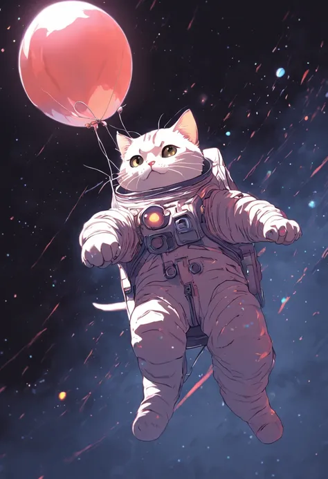 hyper detailed cat astronaut holding a balloon, flying through outter space, black background happy, joyful, floating in outer space, 3d, pop art effect, brilliant detail, black background, hex code colors 5ABCB9, 63E2C6, FB6376, 613F75, 0C6291