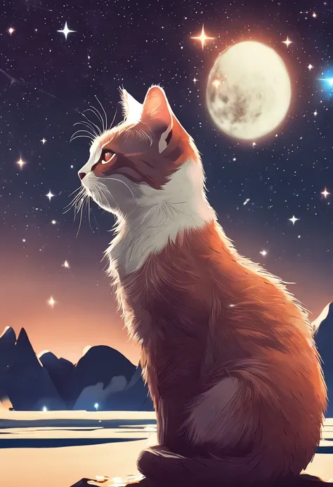 cat, brown and white, on cliff, looking out over starry sky, nebula, galaxies, anime style, --ar 11:17