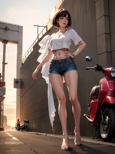 Best Quality, Full body portrait, Delicate face, red short hair, bob Haircut, Forehead, 18 year old girl, slim figure, huge bust, Loose Oversized U-neck crop top T-shirt, leaning, Crotch gap, Cameltoe, Shirt shorts or more, seen string of bikini bottoms, s...