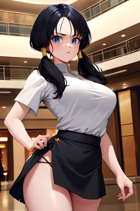 masterpiece, best quality, highres, videl2, solo, blue eyes, black hair, twintails, medium breasts, cowboy shot, mall, high-wais...